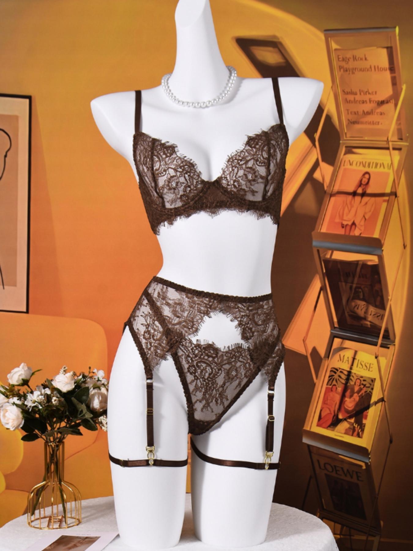 Lovingerie Eyelash Lace Lingerie Set For Women, Strappy Underwire Bra With Sheer Cups, Adjustable Garter Belt, Matching Thong Panty And Leg Garters, Seductive Boudoir Outfit, Curves Flattering Nightwear Sleepwear.Perfectly Highlights Your Feminine Charm.