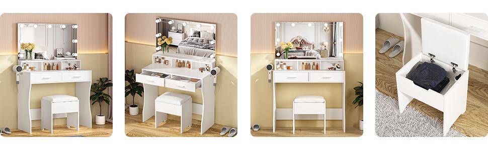 Vabches 31.5in(W) Makeup Vanity with Lighted Mirror & Power Outlet, White Vanity Set Vanity Desk, Clearance Makeup Vanity 3 Lighting Colors, Brightness Adjustable