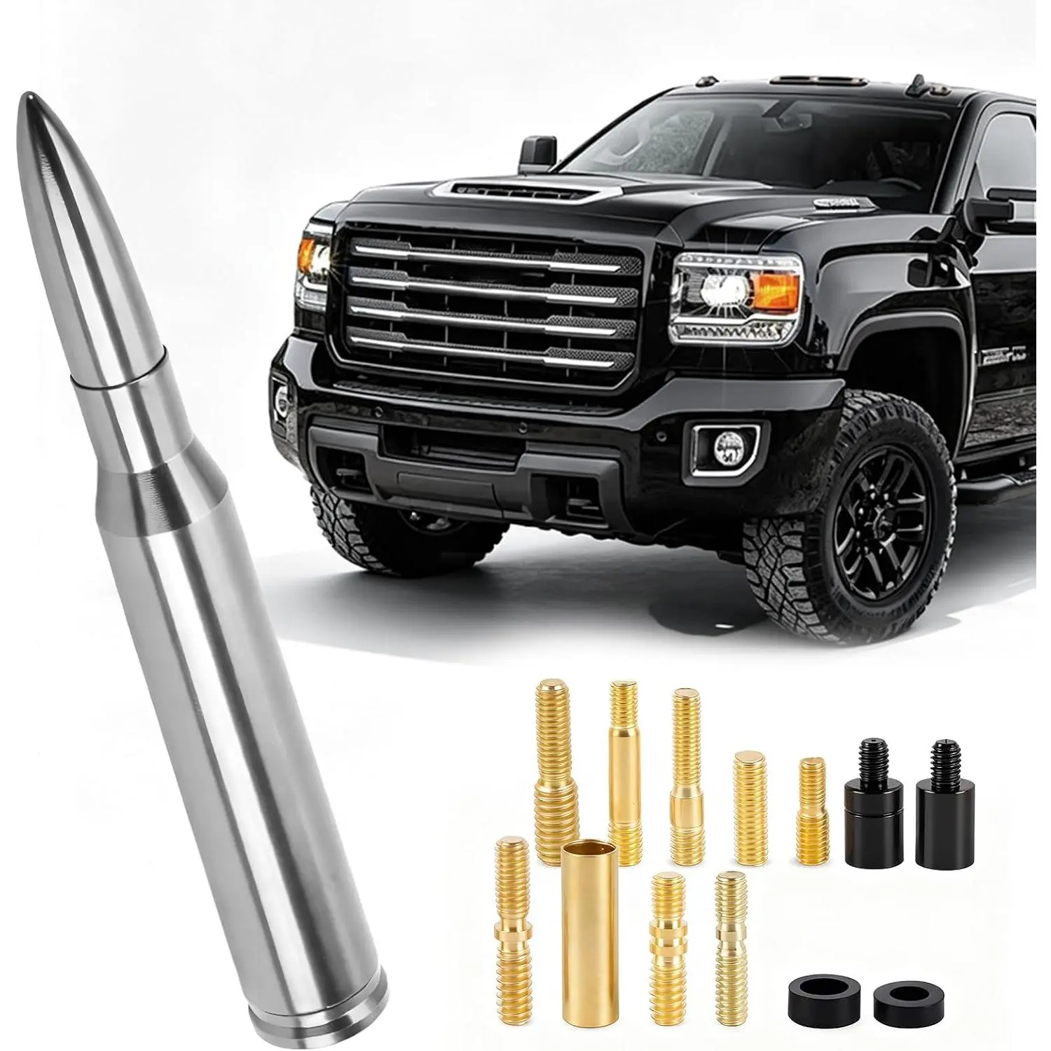50 Cal Bullet Antenna Chrome for Ford F150 F250 F350, Dodge RAM 1500, Chevy Silverado & GMC Sierra Short Retractable Replacement Radio Antenna for Truck