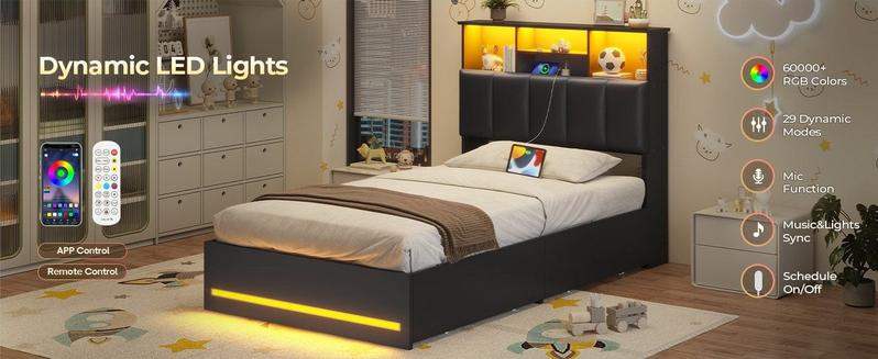 Sikaic Twin Size Bed Frame with Bookcase Headboard and Charging Station Black Bedroom Furniture Set