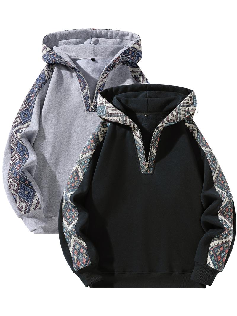 Unisex Retro Ethnic Patchwork Half Zip Hoodie, Casual Comfy Regular Fit Long Sleeve Pullover for Fall & Winter Daily Wear Unisex Retro Ethnic Patchwork Half Zip Hoodie, Casual Comfy Regular Fit Long Sleeve Pullover for Fall & Winter Daily Wear