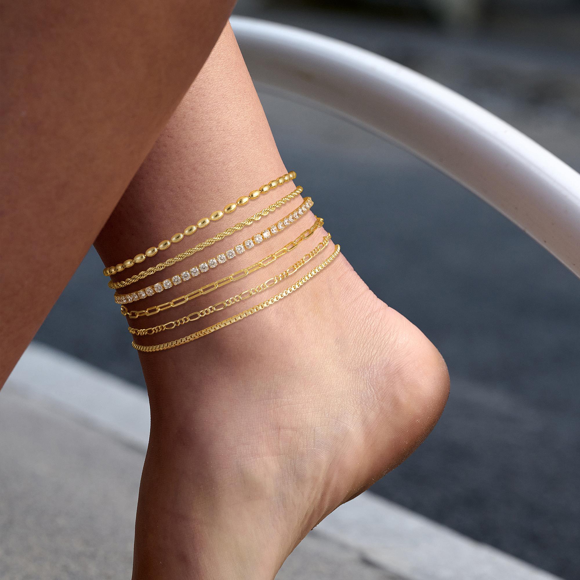 Tewiky Dainty Layered Waterproof 6pcs Anklet For Women Adjustable Womens Anklet Set Stackable Figaro Beaded Cuban Link Anklets Daily Clothing Decor For Beach Summer Trendy All-match & Exquisite Jewelry For Mother’s Day Gift