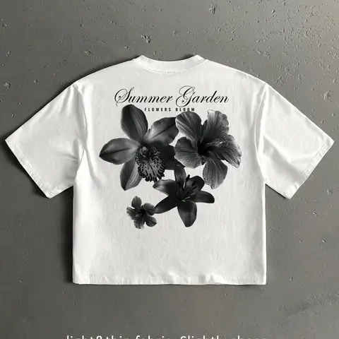 Unisex 100% Cotton White Cropped T-Shirt | Black & White Floral Print + "Summer Garden" Slogan Sweet Y2K Casual Streetwear Top