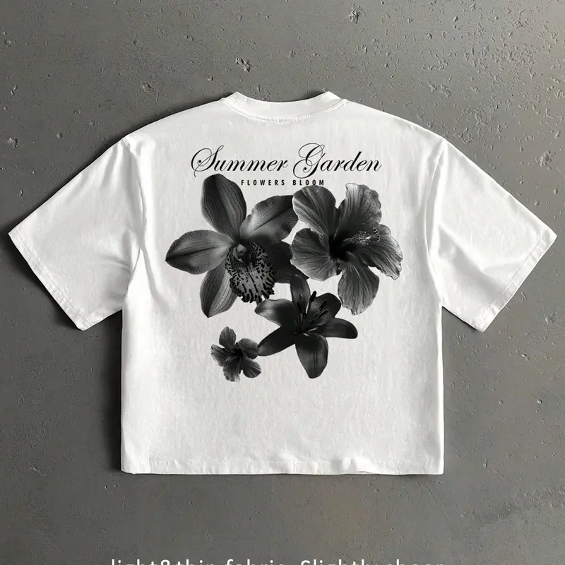 Unisex 100% Cotton White Cropped T-Shirt | Black & White Floral Print + "Summer Garden" Slogan Sweet Y2K Casual Streetwear Top