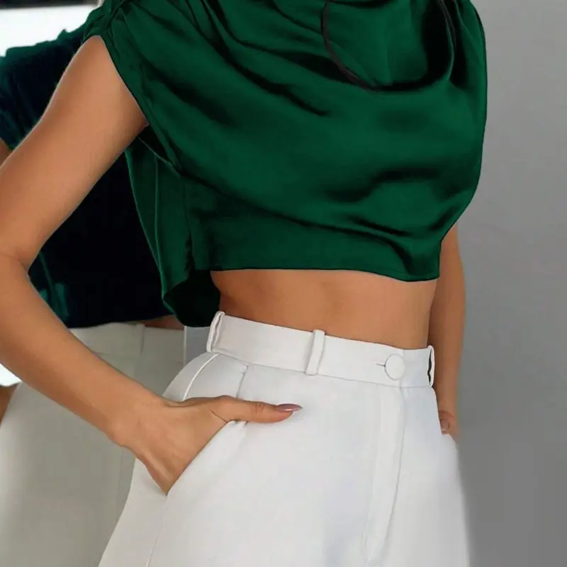Women's Plain Satin Crop Short Button Front Blouse Shirts, Casual Mock Neck Button Closure Top for Summer, Women's Clothing for Daily Wear