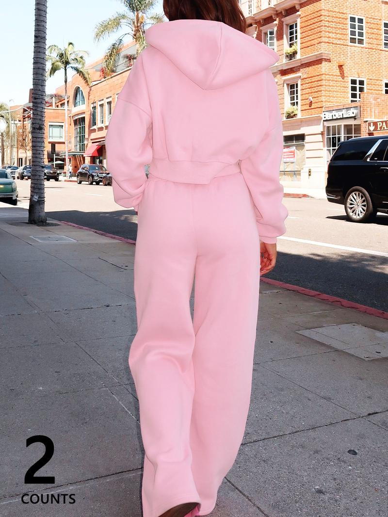 Women's Pink Autumn and Winter Short Sweatshirt and Loose Straight Pants Set, Casual and Fashionable Hooded Long-sleeved Sweatshirt and Sweatpants, Suitable for Daily Outdoor Wear, Comfortable Daily Wear