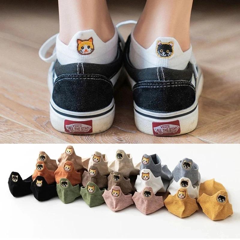 10 Pairs Pack Kawaii Socks Women Happy Ankle Funny Cartoon Embroidery Cat Harajuku Accessories Short Lot Gift Paws Claw