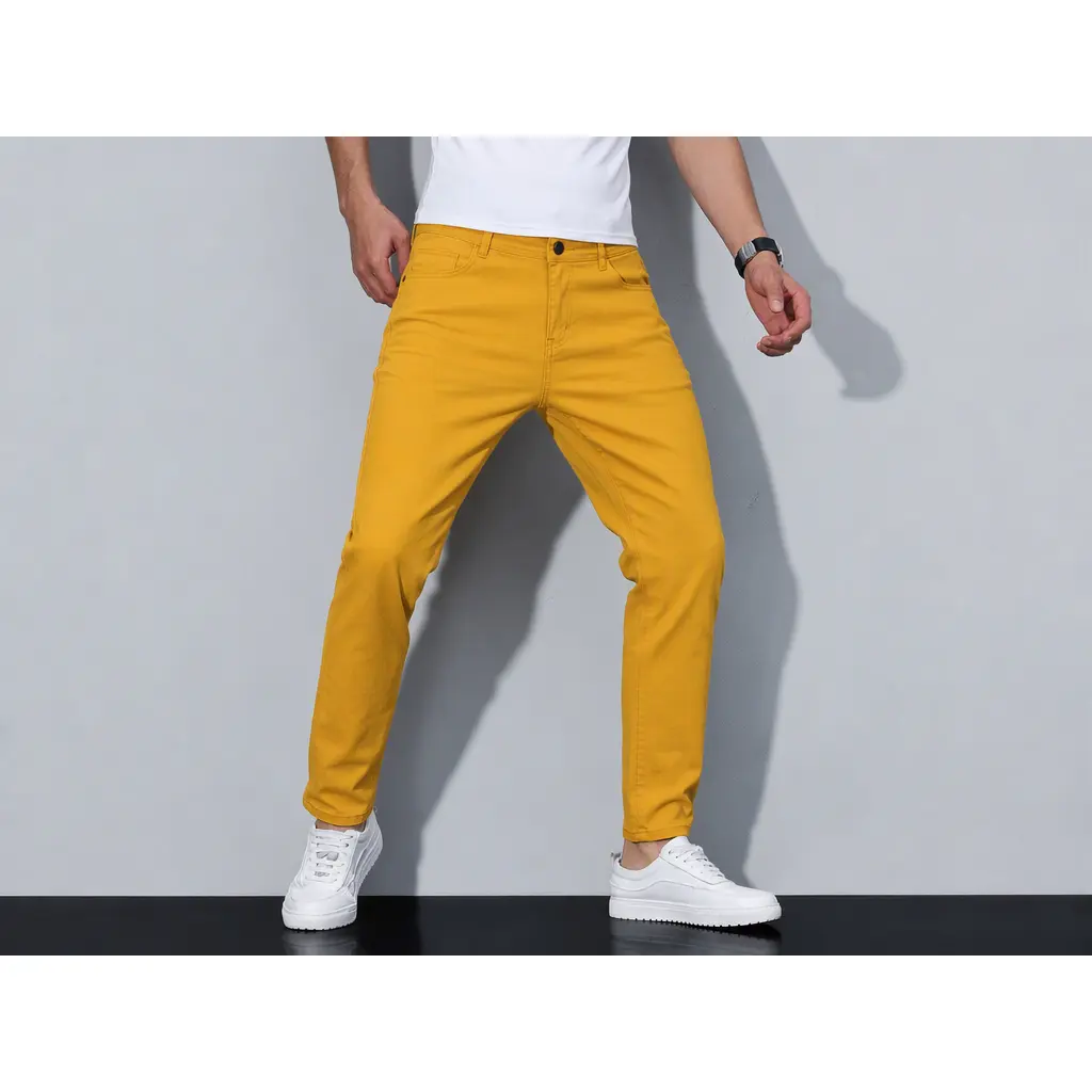 Men's Mustard Yellow Slim-Fit Denim Jeans - Casual Stretch Lightweight Solid Menswear Pants, Classic Comfortable Streetwear for Office, Daily Wear (Pairs with Menswear Shoes, Sneakers)