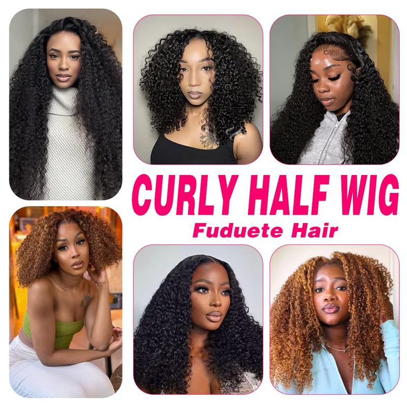 10s Install Wig [3 In 1 Half Wig] Kinky Curly Half Wig Human Hair 180 Density 3 In 1 Drawstring Seamless Flip Half Wigs Wear Go Glueless Wigs Human Hair 18 Inch Curly Half Wig for Women Drawstring Headband Wig Beginner Friendly