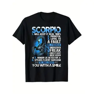 Scorpio Zodiac   T-Shirt - Menswear Casual Round Neck Cartoon Fitted Tee, Unisex Outdoor Y2K Streetwear Vintage Metalcore Double Print Oversize Shirt, S-XXXL Black Crewneck
