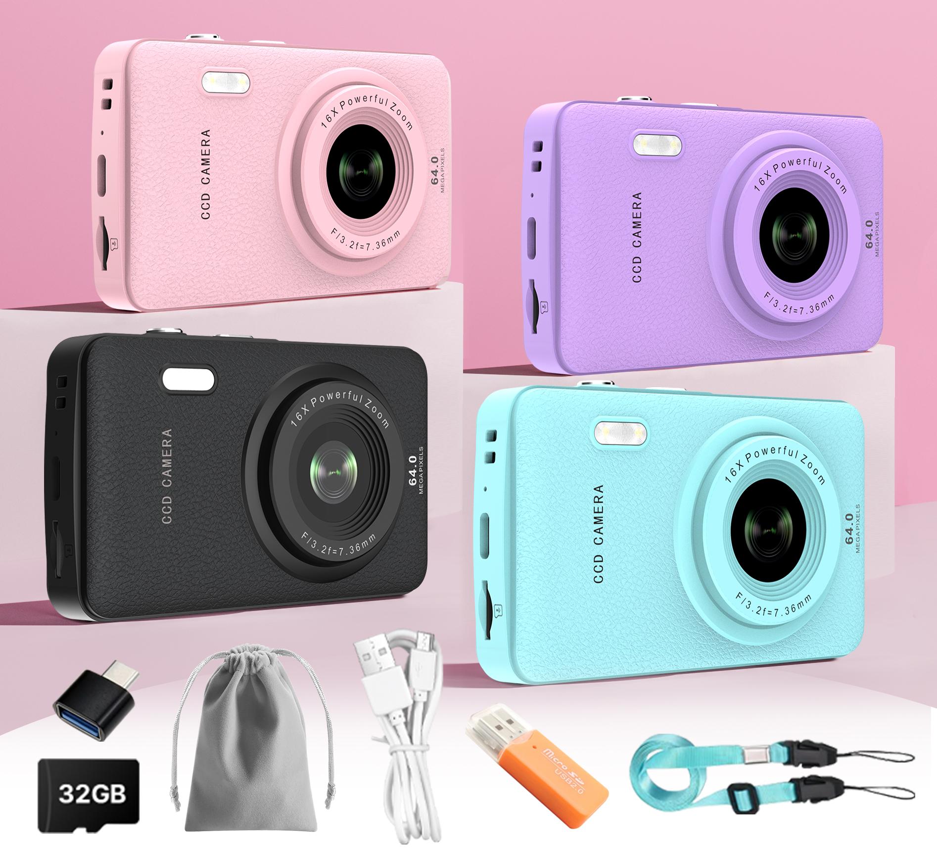 W&O Digital Camera, FHD 1080P Kids Camera, 50MP Point and Shoot Camera with 16X Zoom Anti Shake, Compact Portable Small Camera for Girls Boys Teen Student with 32GB Card