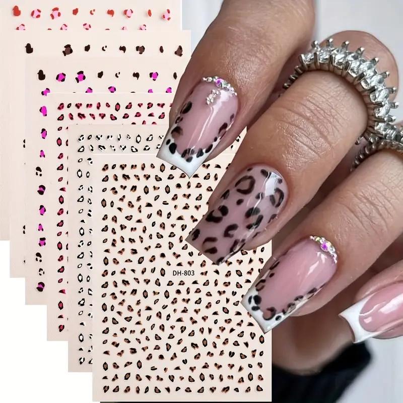 6 Sheets Leopard Print Nail Art Stickers, Animal Designs, DIY Manicure, Autumn Winter French Glitter Nails