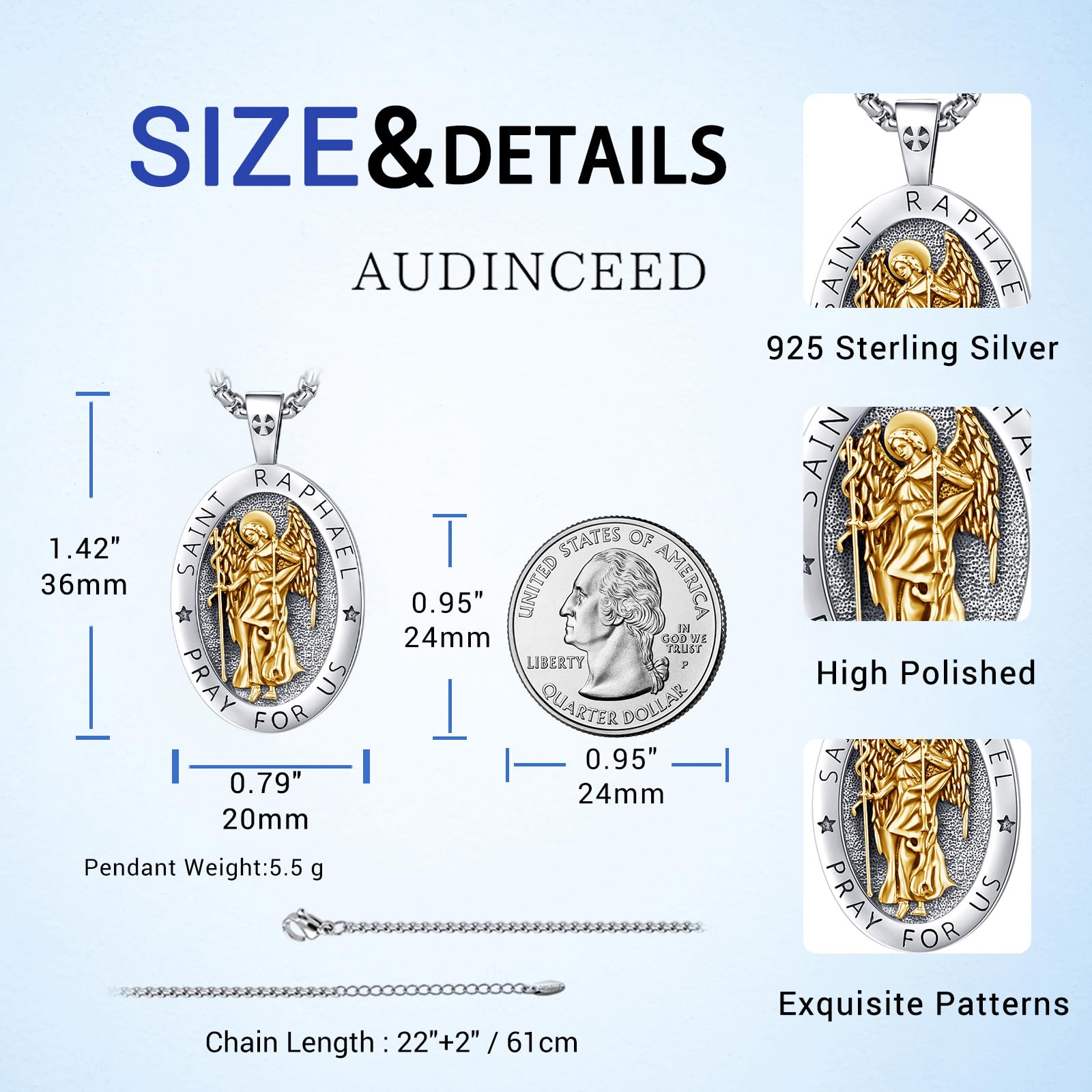 DRINSPER Saint Raphael Necklace 925 Sterling Silver Pendant Golden Processed St Rahpael the Healing Angel Jewelry