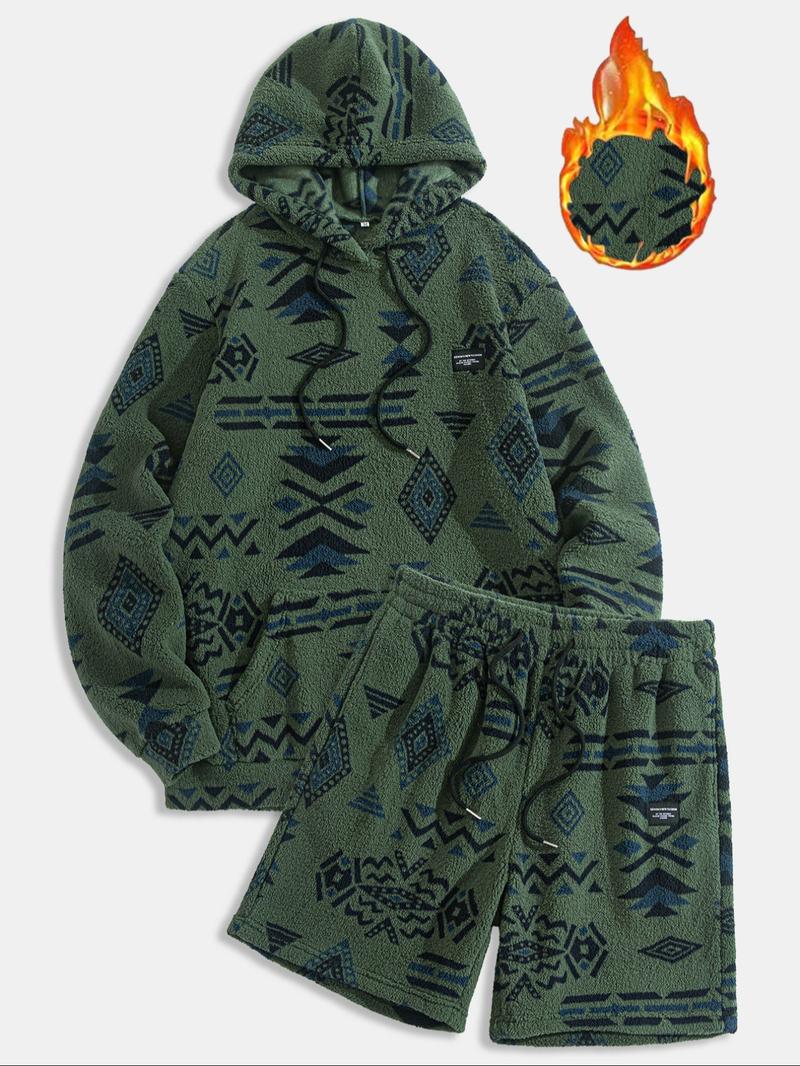 Men's Thermal Hoodie & Drawstring Waist Short Set, Hooded Sweatshirt Set, Casual Fashion Cozy Breathable Two-piece Outfits for Daily Outdoor Wear, Men Clothes for Spring & Fall