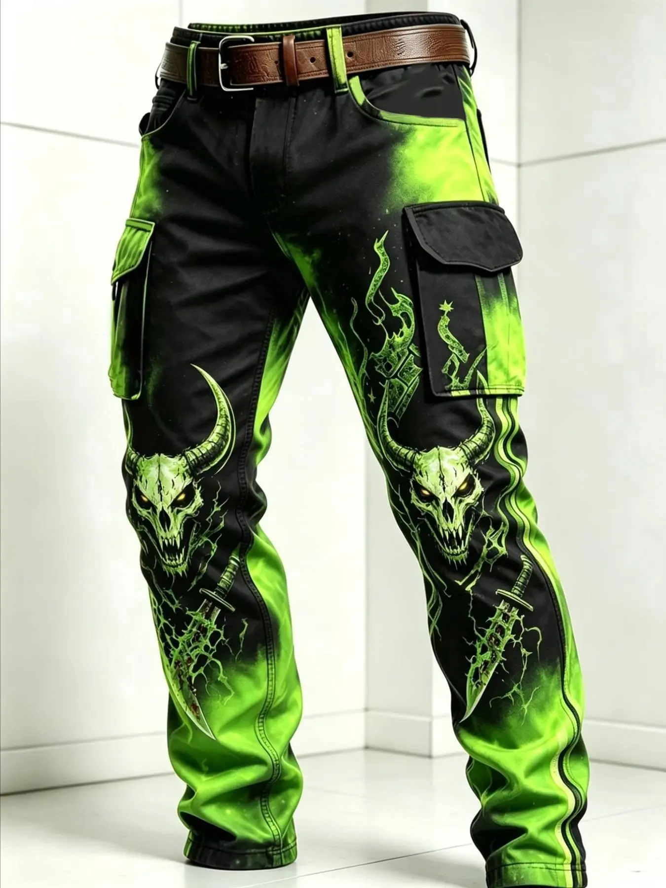 Gothic Dark Multi-Pocket Straight Leg Men's Casual Pants, Fluorescent Gradient Flame Devil Horn Skull Print, Fall & Winter Long Pants
