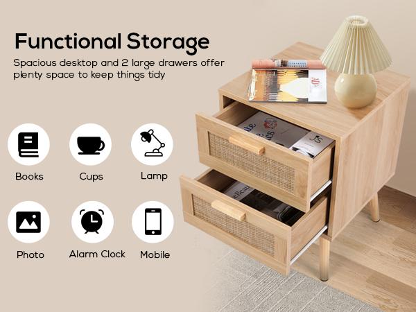 VOWNER Rattan Nightstand, End Table with 2 Drawers and Solid Wood Legs, Side Table with Storage for Bedroom, Easy Assembly Night Stand for Kids Room