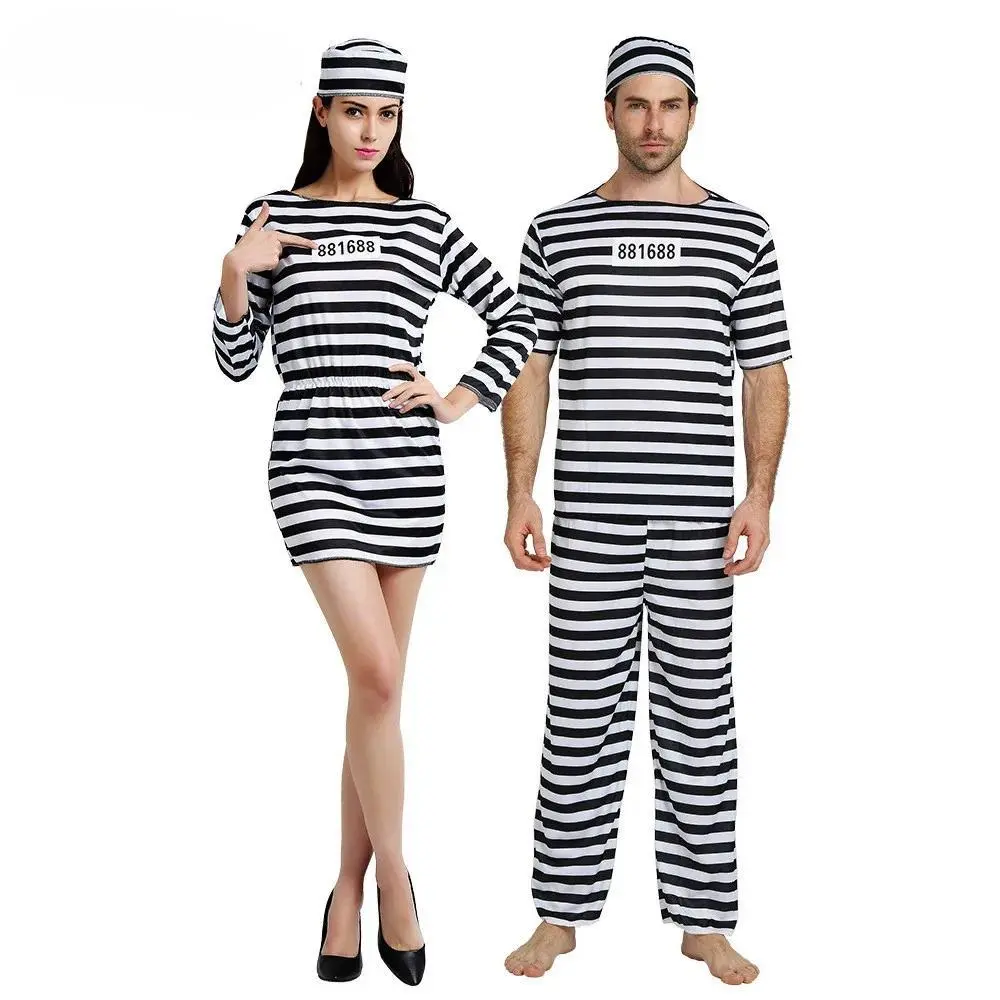 Halloween Prisoner Cosplay Costume Prison Inmate Men Striped Top Pants Women Dress Hat Party Performance Costumes