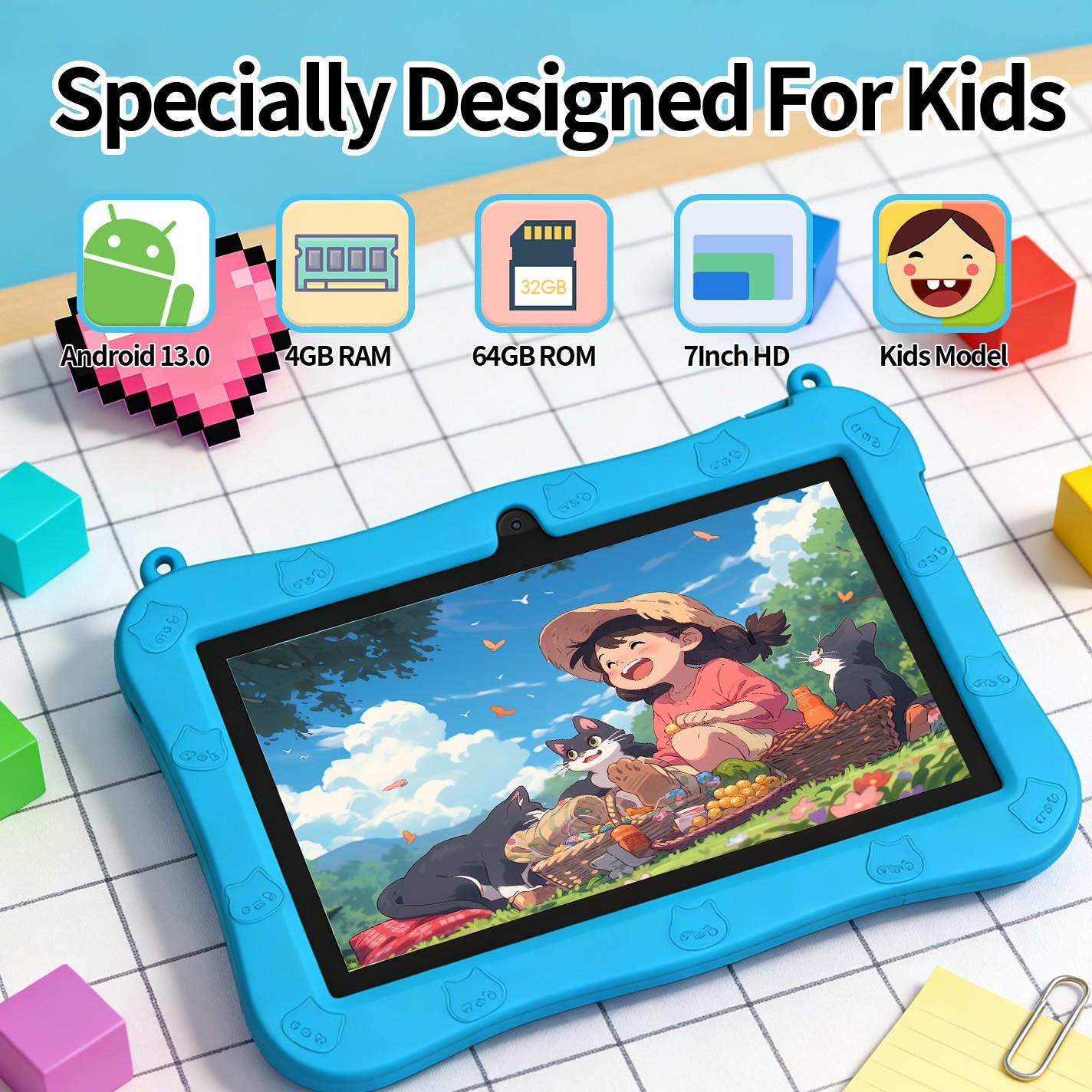 7 Inch Kids Tablet PC Android 13.0 4GB 64GB, Dual Camera 2mp+5mp, WiFi Bluetooth-compatible, Shockproof Case, Parental Control, Ideal Gift