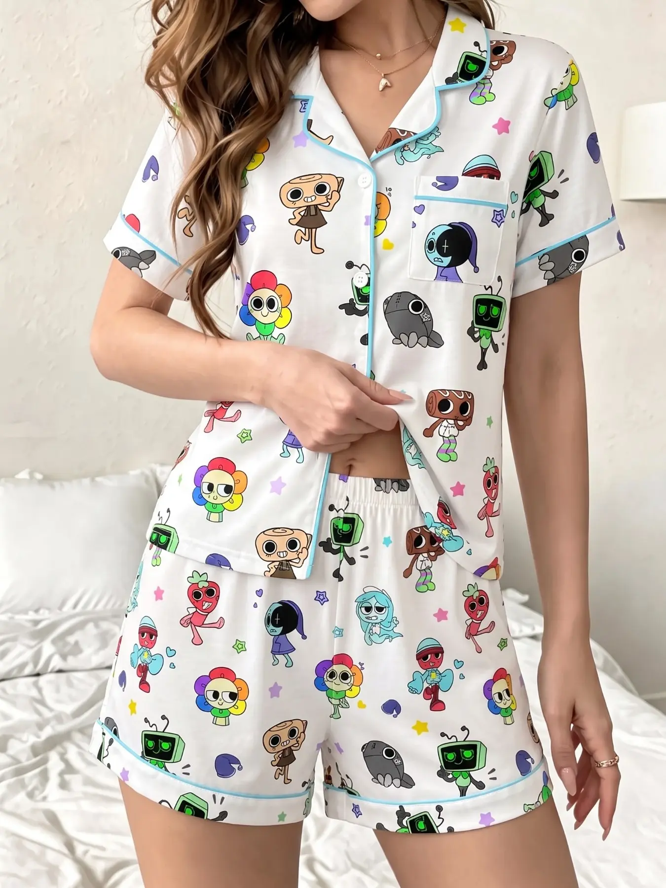 Women's Pajama Set, Dandy's World Print, Short Sleeve Button Front, Loose-Fit Shorts, Comfortable Nightwear, Soft Fabric, Casual Style