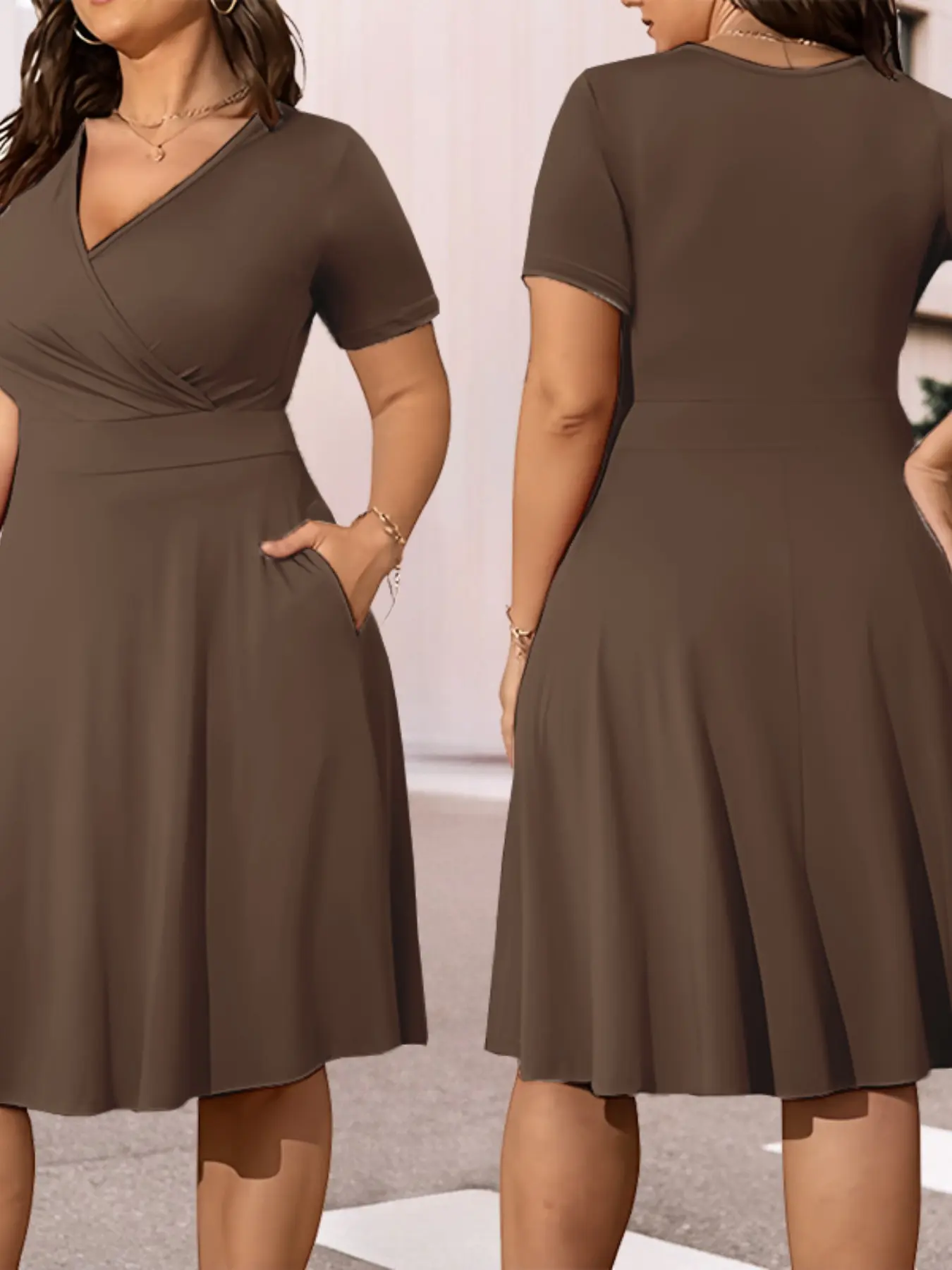 New Summer Spring Women's V Neck Solid Color Dress, Side Pockets a Line Skirt Hem, Elegant Fashion Versatile Casual Knee-Length Dress
