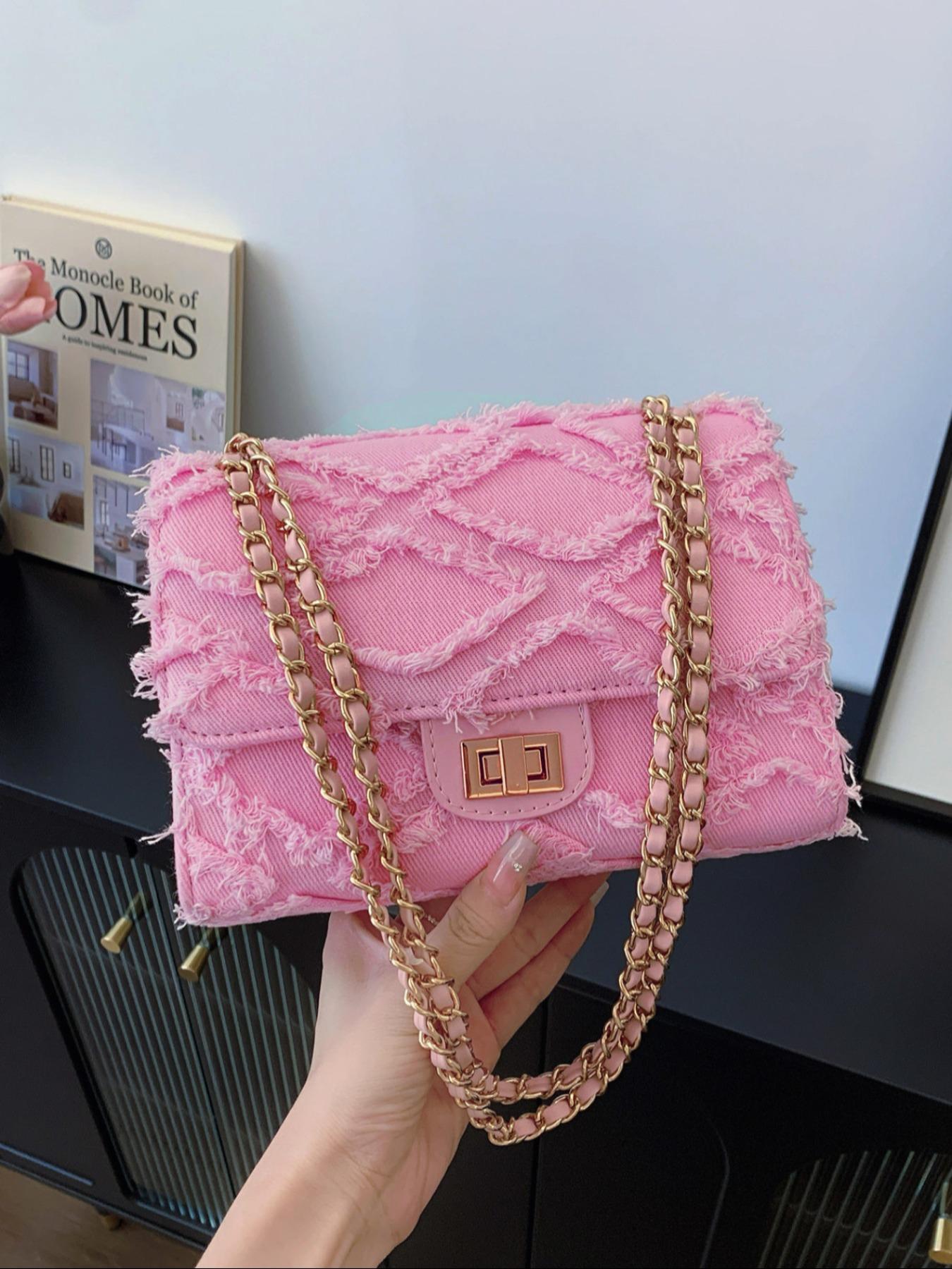 Women's Fashion Chain Strap Denim Rhombus Rough Edge Shoulder Bag, Casual Versatile Solid Color Underarm Bag, Trendy Daily Commuting Bag, Girl Fashionable Bag, Denim Crossbody Bags