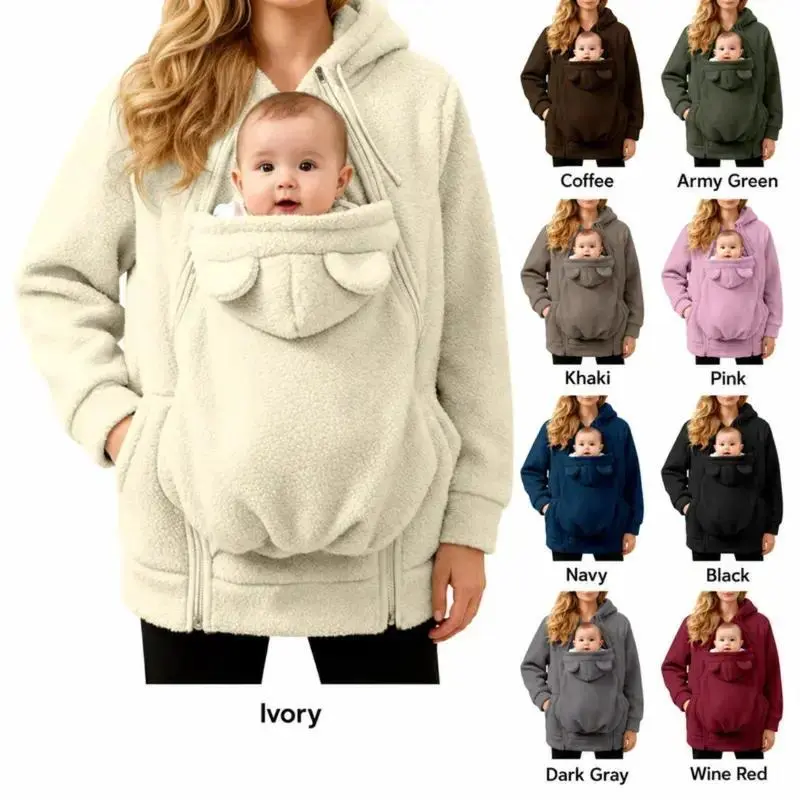 Women's Sherpa Fleece Baby Pouch Hoodie Jacket, Cozy Hooded Outerwear with Built-In Front Pouch, Soft Casual Layer for Moms, Maternity and Postpartum Wear, Fall Winter Clothing
