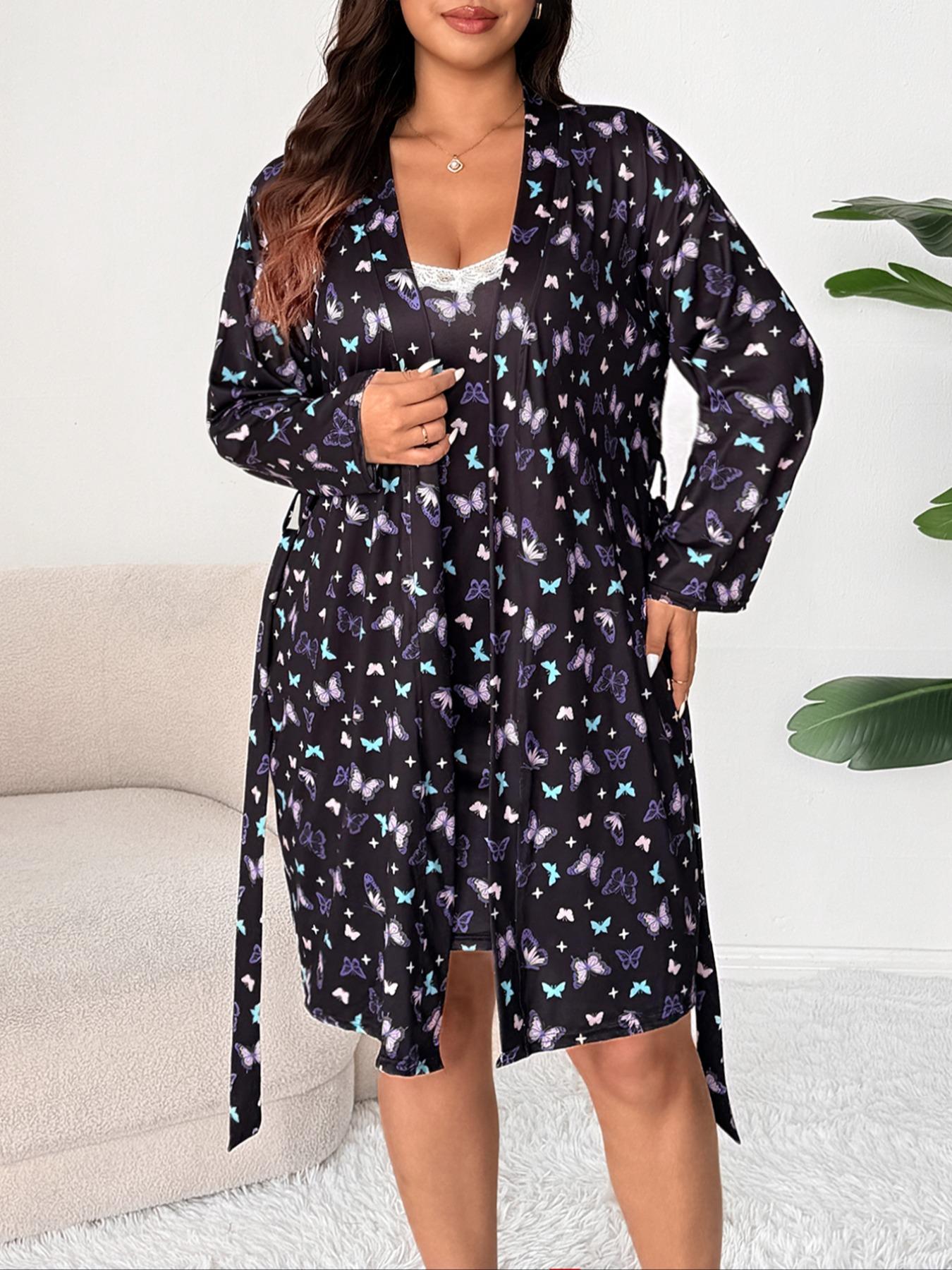 Plus Size Floral Butterfly Lace Slip Dress & Long Sleeve Robe Set, Casual Fitted Home Wear, All Seasons Comfortable Sleepwear