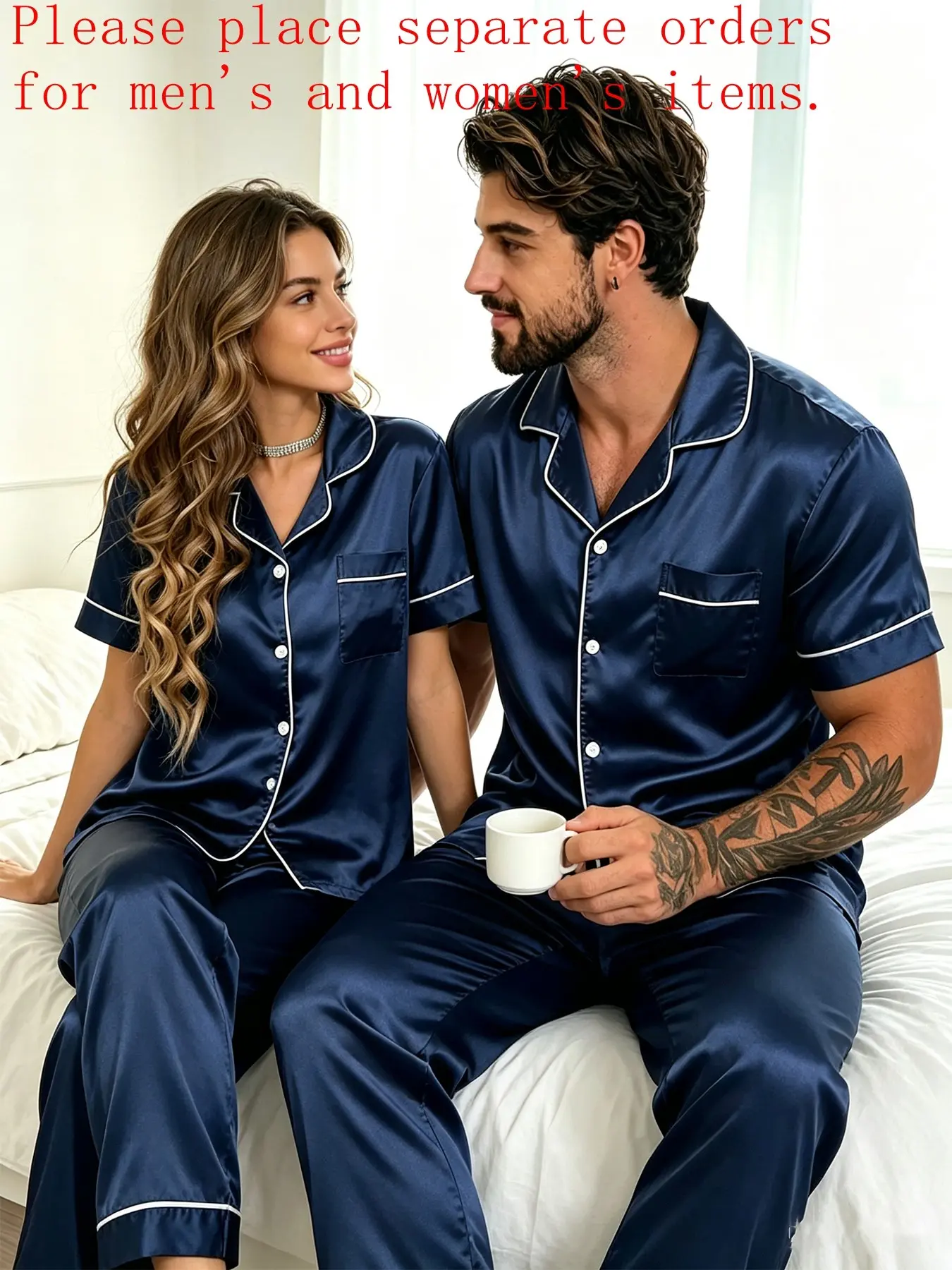 Couple Style Matching Satin Pajama Set, Men's or Women's Sleepwear, Short Sleeve Long Pants, Two-Piece Set Thin Faux silk Casual Men's & Women's Home Clothing，Pure Color