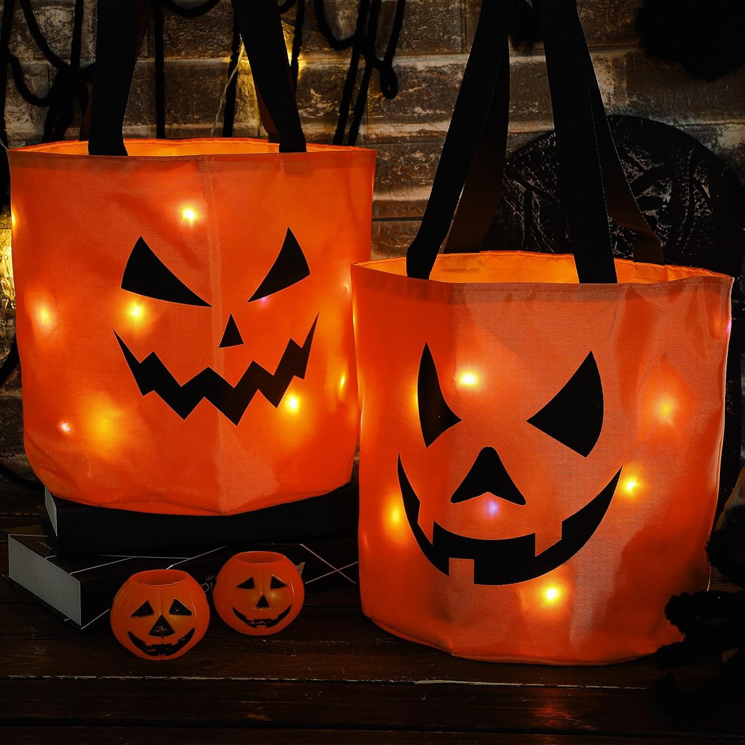 4 Pcs Halloween Candy Bucket with LED Lights Trick or Treat Bags Pumpkin Candy Bags Reusable Tote Bags for Students Adults,Night Light Bags for Home Garden Lawn Decorations,Halloween  inside decor Birthday Christmas Party Favor Supplies