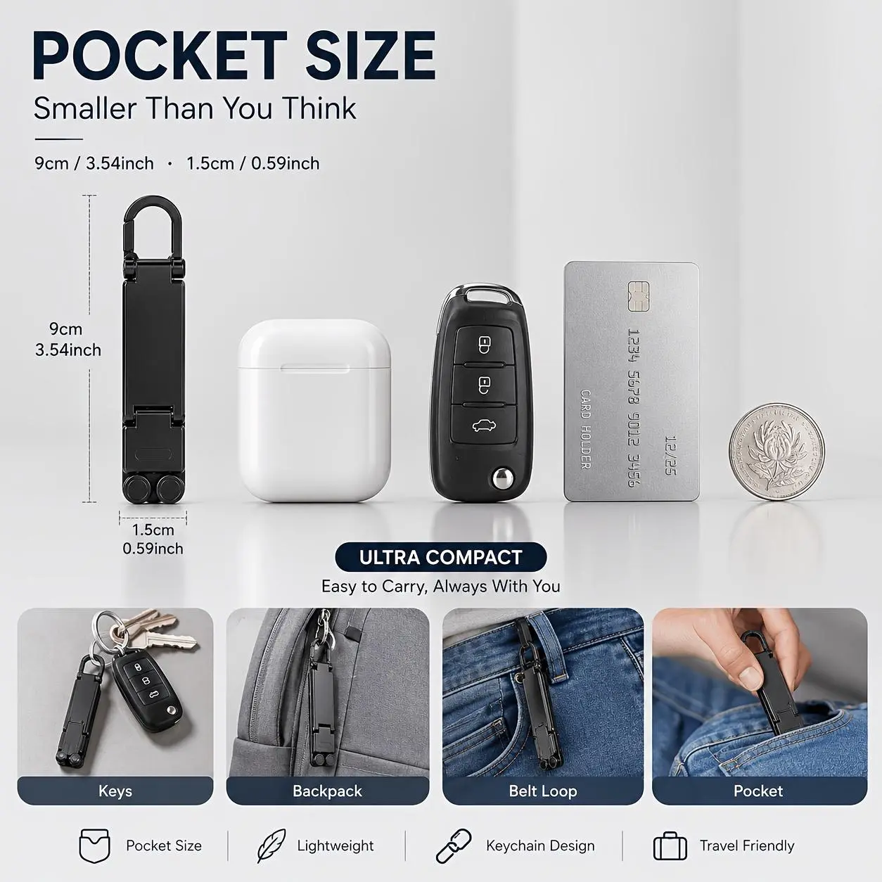Portable Foldable Phone Stand, Mini Keychain Phone Holder with Snap Hook, Compact Travel Support Bracket Compatible with iPhone & All Smartphones Within 20.32 cm