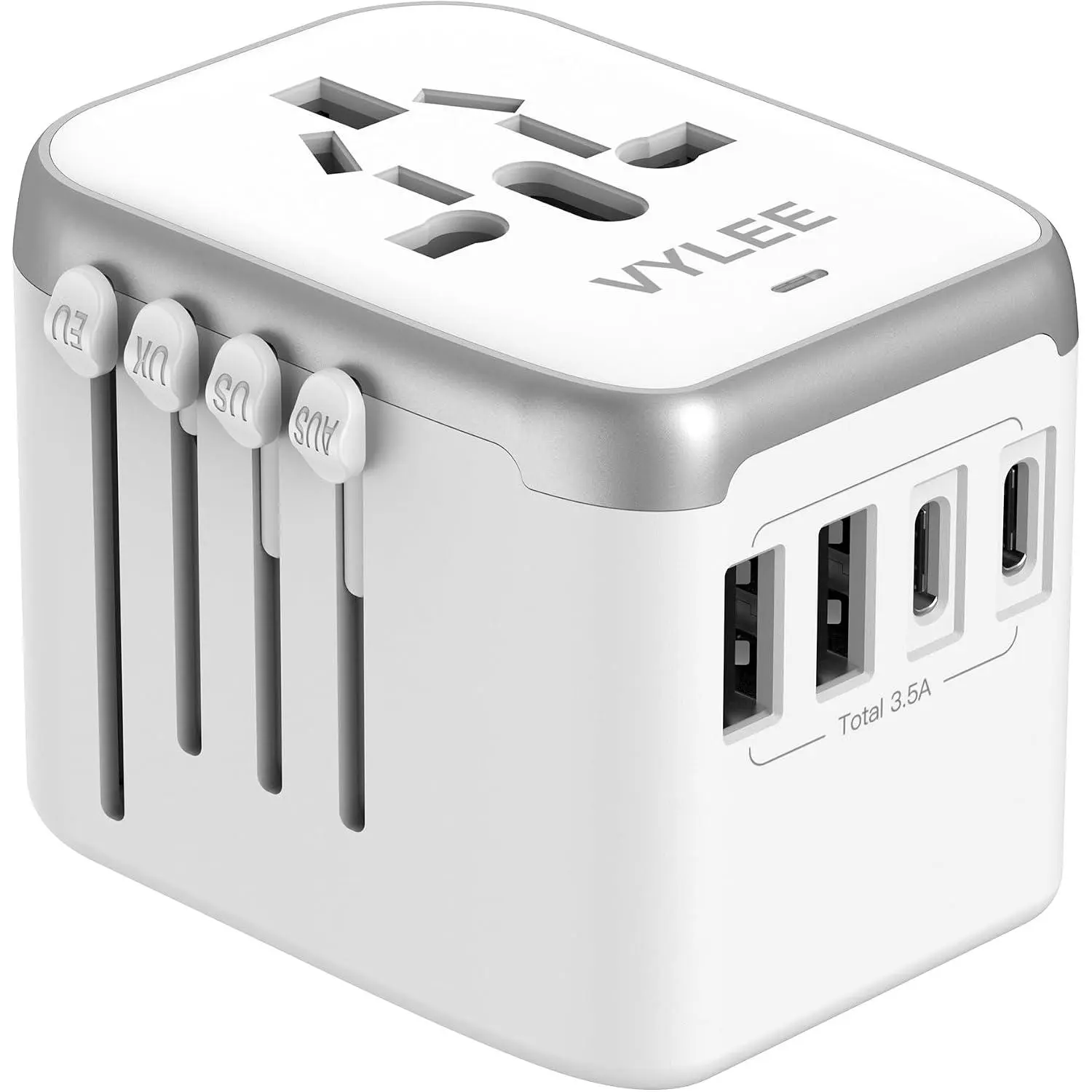 VYLEE Universal International Power Travel Plug Adapter (White Grey) | 5 in 1 European Travel Adapter W/ 3.5A 2xUSB-A and 2xUSB C Wall Charger and Worldwide AC Outlet for Europe USA UK AUS Asia
