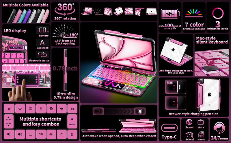 New Y2K Color Keyboard Pink For iPad Pro 12.9/11/10.9/13-inch (M4, 2024/2025) With 360° Rotatable Multi-Touch Trackpad ,Compatible Backlit Keyboard, Pencil Holder,Type-C Charging