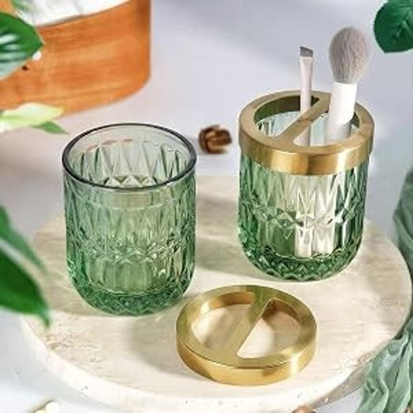 Green Bathroom Accessories Set, 6 Pcs Clear Glass Bathroom Set, Soap Dispenser, Soap Dish, Toothbrush Holder, Tumbler, Q-Tips Holder for Vintage Crystal Bathroom Decor, Gift Set