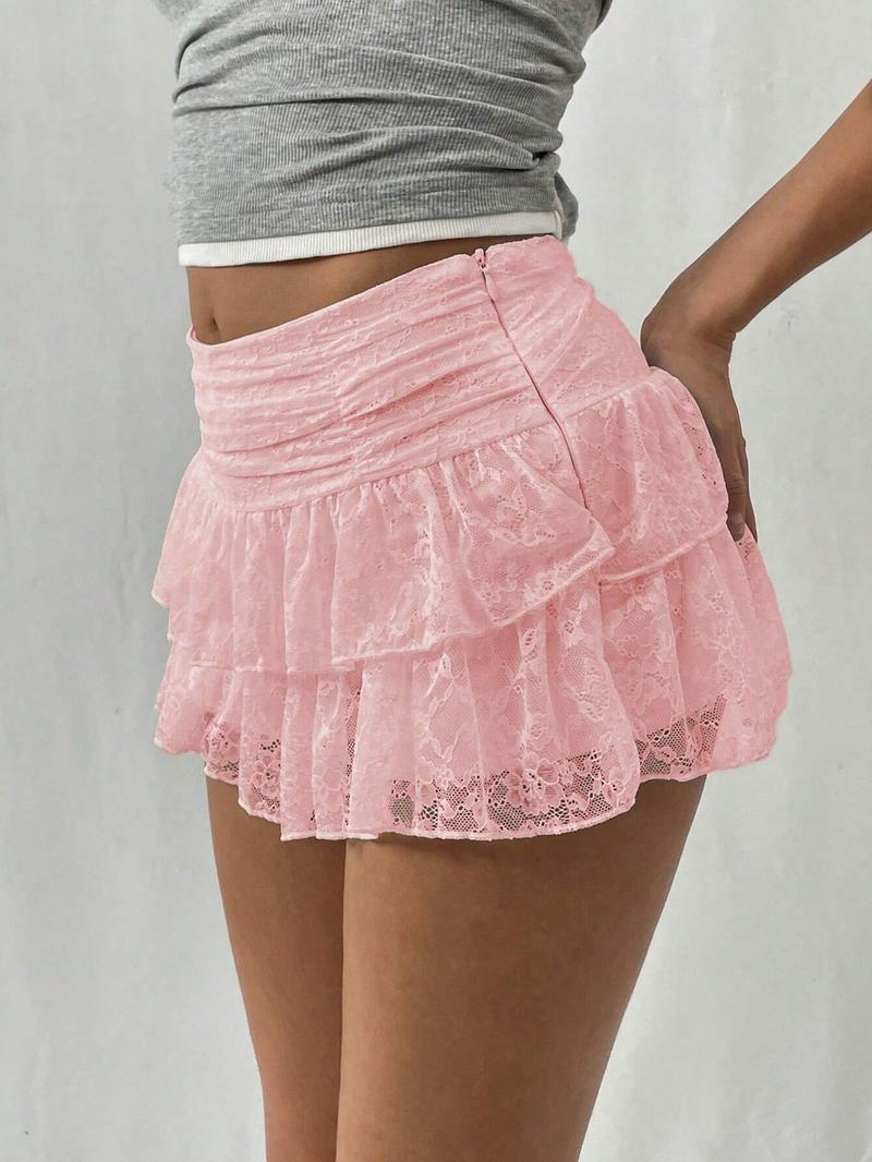 Women's Solid Lace Tiered Layer Skorts, Casual Sexy 2 in 1 Skirt for Summer, Women's Bottoms for Daily Wear, Skirtswomen, Tennis Ruffle Trim Casual Sporty Athletic White Skort, Lightweight Athletic Skirts, Casual Comfy Skorts, Breathable Skorts