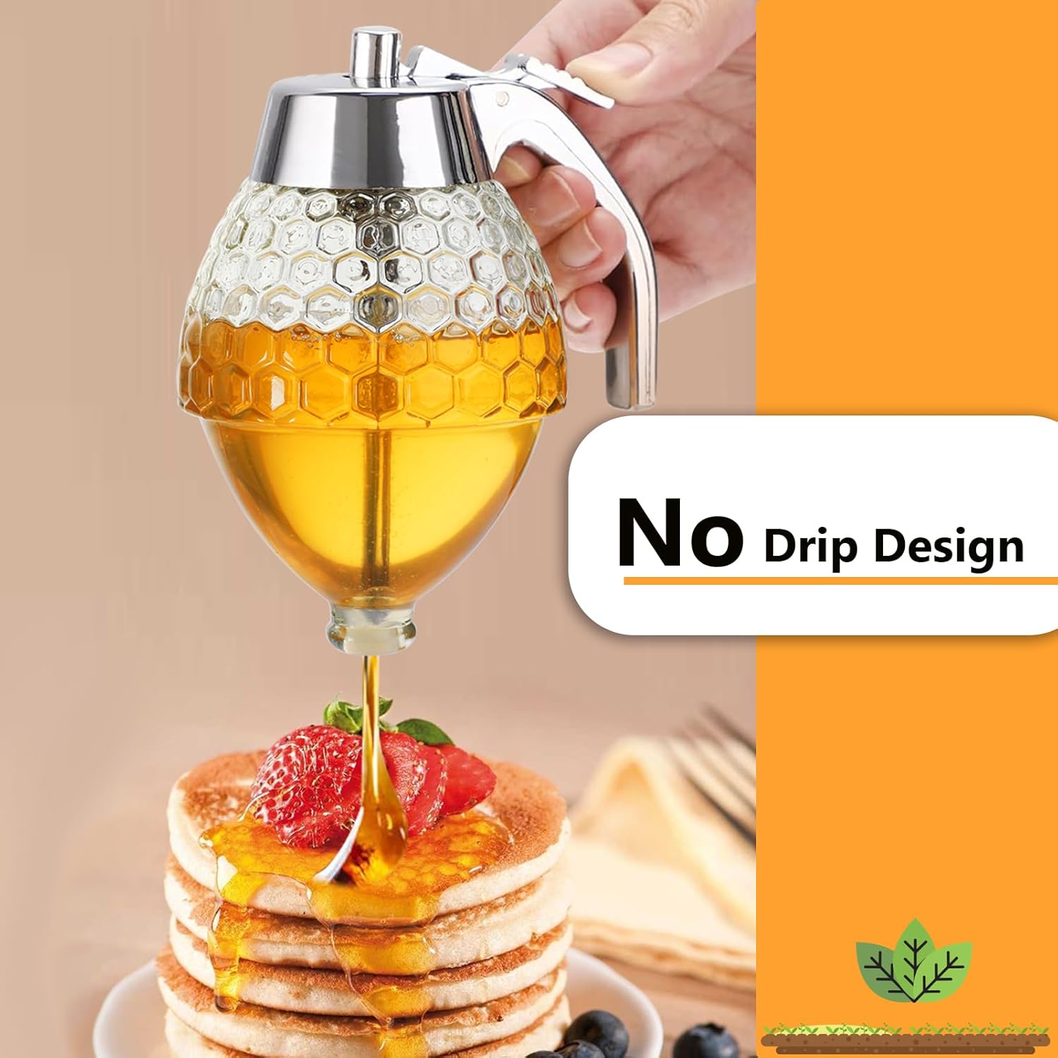 Honey Dispenser, Glass Honey Dispenser No Drip, Honey Pot with Stand, 8 oz Honey Jar, Maple Syrup Honey Container, Elegant  Design for  Decor for Any Occasion