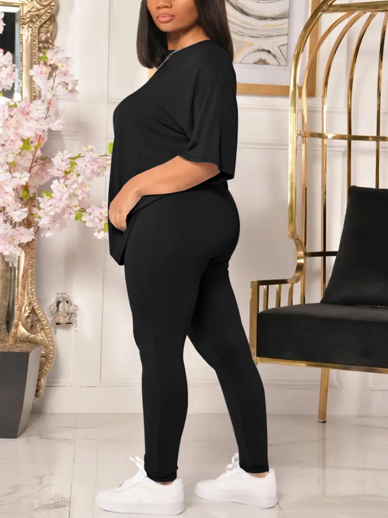 【Plus Size】 Solid Color Tee & Skinny Pants Two-Piece Set, Casual Matching Set, Casual Round Neck T-Shirt & Trousers for Daily Wear, Women's Two-Piece Set for All Seasons