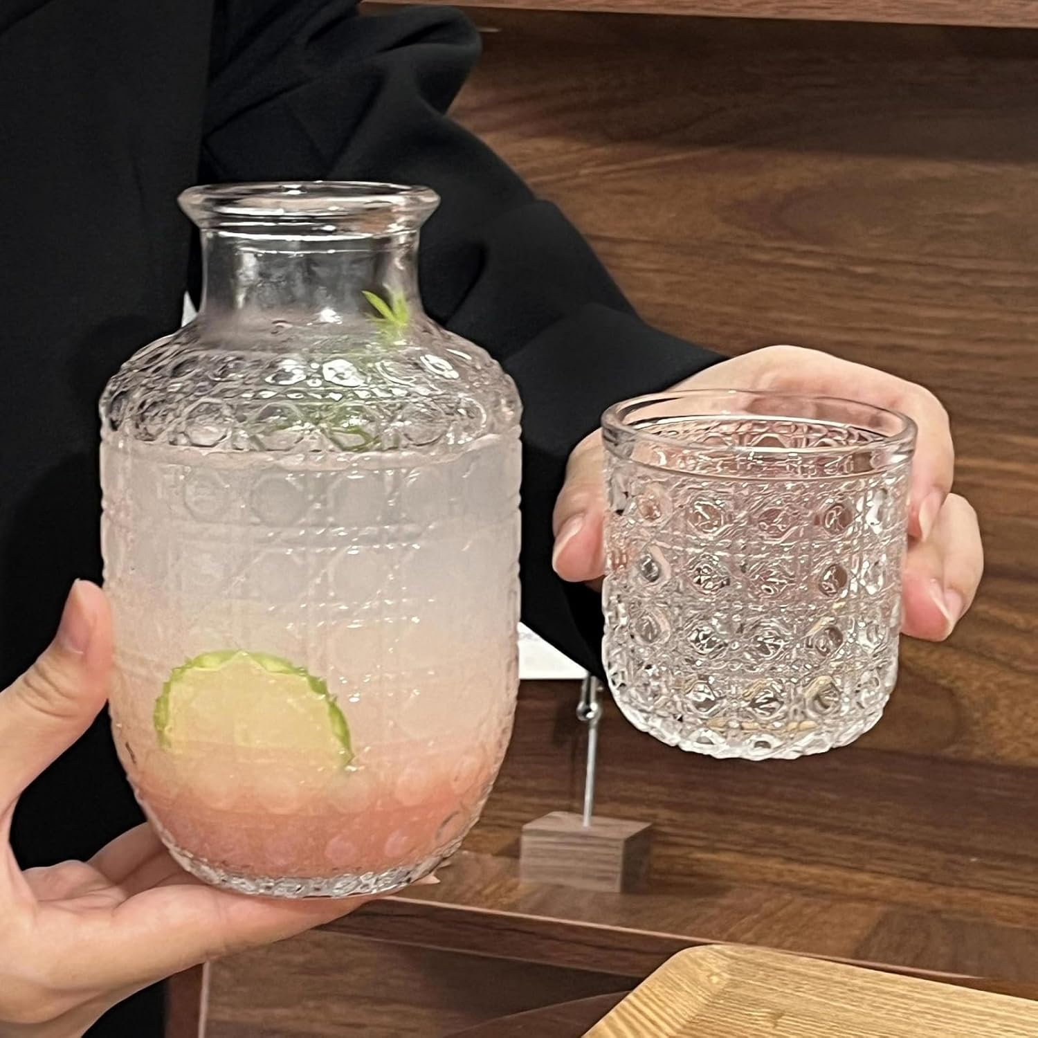 Whiskey Glass Set, 20 Oz Transparent Bedside Water Bottle with 5 Oz Cups, Vintage Elegant Glassware for Juice Kitchen Bedroom Bar Bathroom