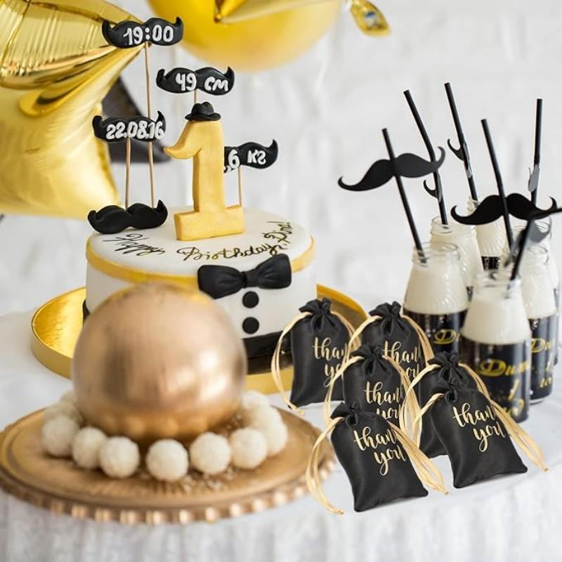 10/30 Pcs Thank You Satin Gift Bags with Drawstring Jewelry Candy Pouches for Wedding Bridal Baby Shower Employee Appreciation Birthday Party Thank You Bags Gift Wrap(Black, Gold,4 x 6 Inch)