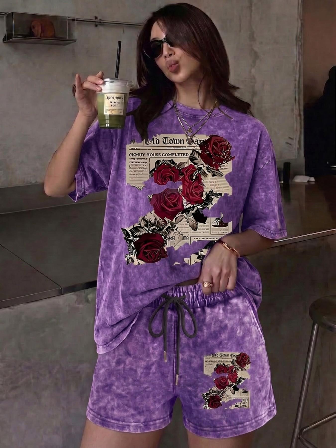 A relaxed, casual two-piece set featuring a floral rose-print tie-dye design; includes a crew-neck, short-sleeve washed T-shirt and drawstring shorts with pockets—perfect for outdoor leisure Clothes