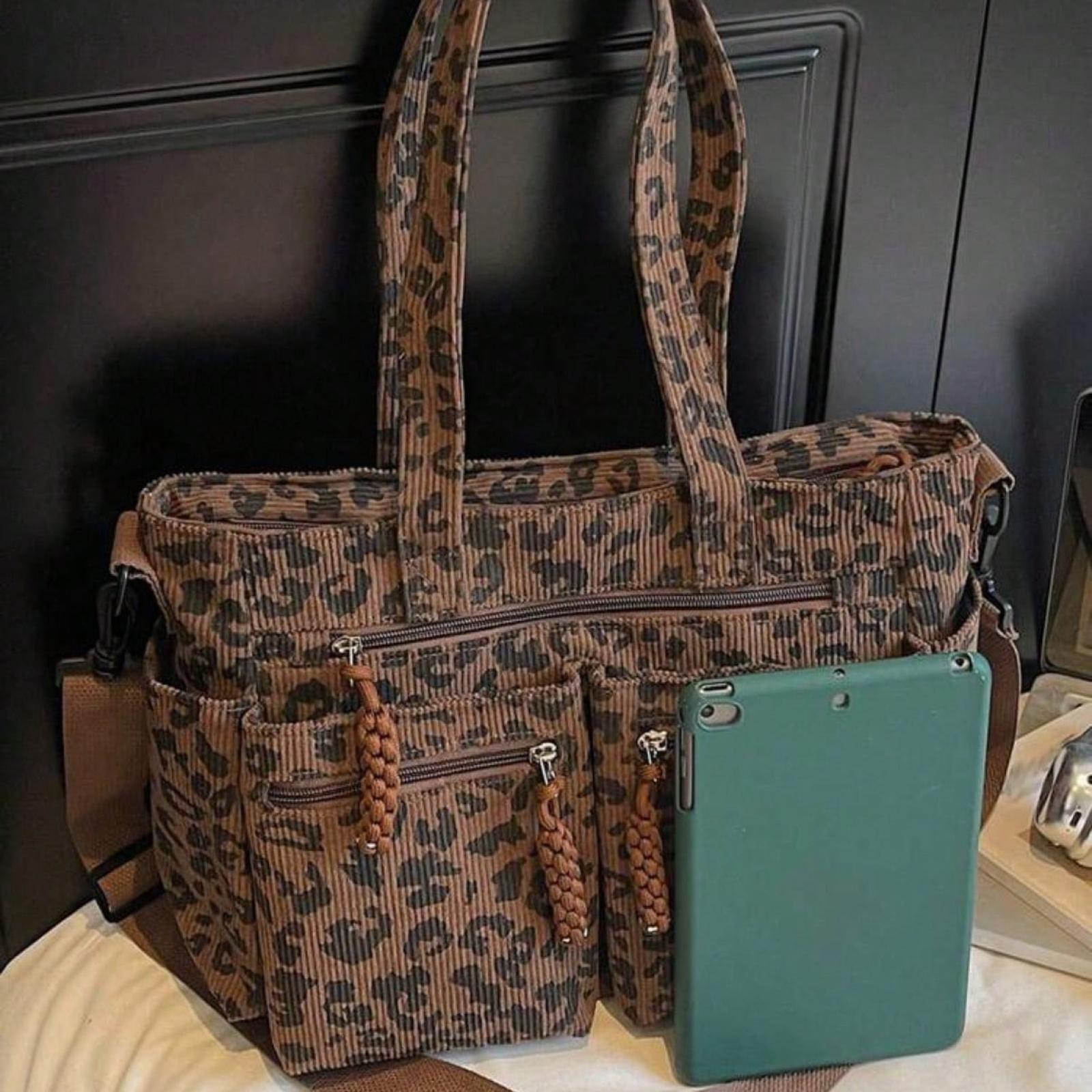 1pc Leopard Print Corduroy Tote Bag for Women, Fashion Large Capacity Multi-Pocket Casual Shopping Bag, Laptop Tote, Detachable Adjustable Shoulder Strap, Suitable for Travel, Business, Campus, Party, Gift