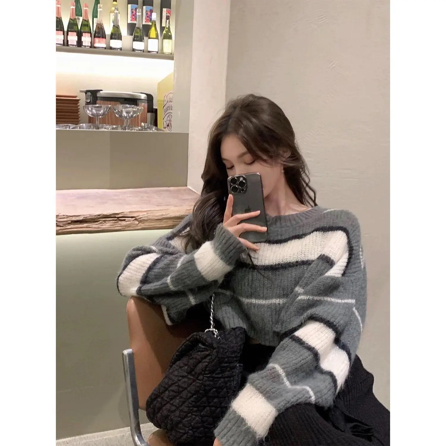 Striped Cropped Sweater Pullovers Women Long Sleeve Crewneck Knitted Jumper Teen-girl Fall Winter Grunge Y2K Acubi Outfit