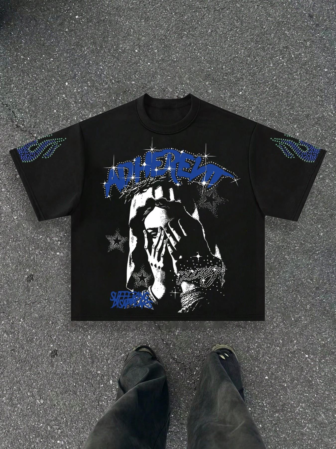 Adherent Loose Rhinestone T-Shirt, Round Neck, Face Print + Rhinestone Font, Soft Cotton Blend Fabric, Y2K Gothic Style, Casual, Daily Wear, Party, City Essential, Streetwear, Menswear