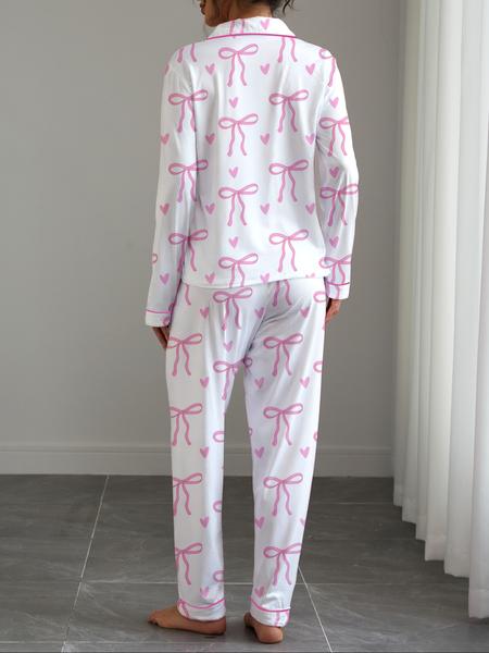 Women's Cute Bow Print Pajama Set, Soft Elastic Fabric, Long Sleeve Shirt Collar Top & Pants, Perfect for Home & Outdoor Wear Loungewear