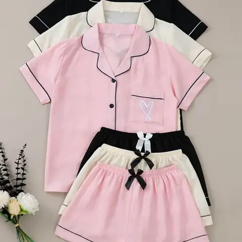 6-Piece Heart Embroidered Pajama Set, Casual, Short Sleeve Button-Up Top and Elastic Waist Shorts, Women's Sleepwear and Loungewear, Loungewear Pajamas, Embroidery