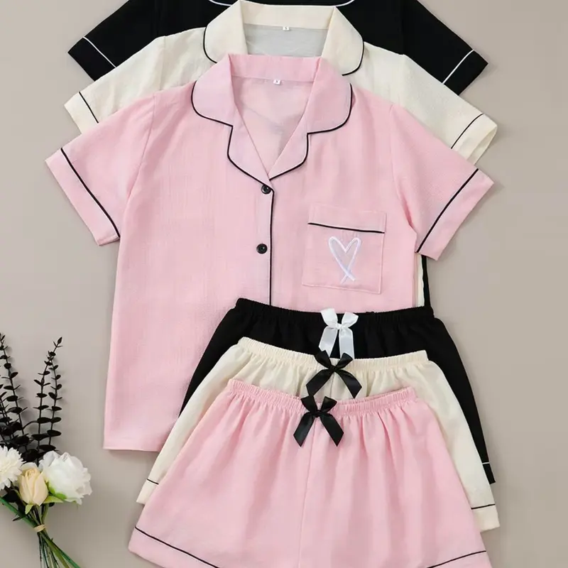 6-Piece Heart Embroidered Pajama Set, Casual, Short Sleeve Button-Up Top and Elastic Waist Shorts, Women's Sleepwear and Loungewear, Loungewear Pajamas, Embroidery