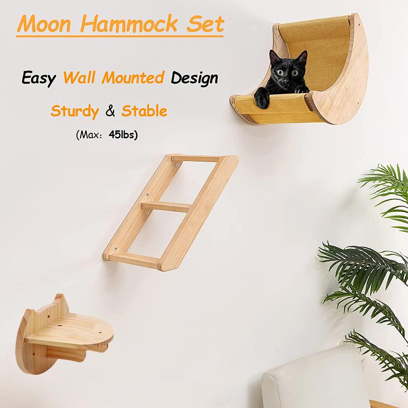 3pcs Sturdy Cat Wall Furniture Set - Moon-shaped Hammock, Wooden Climbing Ladder, Cat Step Board - Supports Up To 12kg (26lb) for Sleeping, Playing, Climbing, and Resting