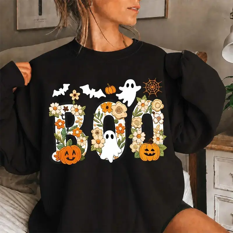 Women's Halloween Floral Ghost Graphic Crewneck Sweatshirt, Cute Pumpkin Bat & Spider Web Spooky Pullover Top, Casual Autumn Streetwear for Pumpkin Patch and Halloween Parties, Fall Holiday Gift