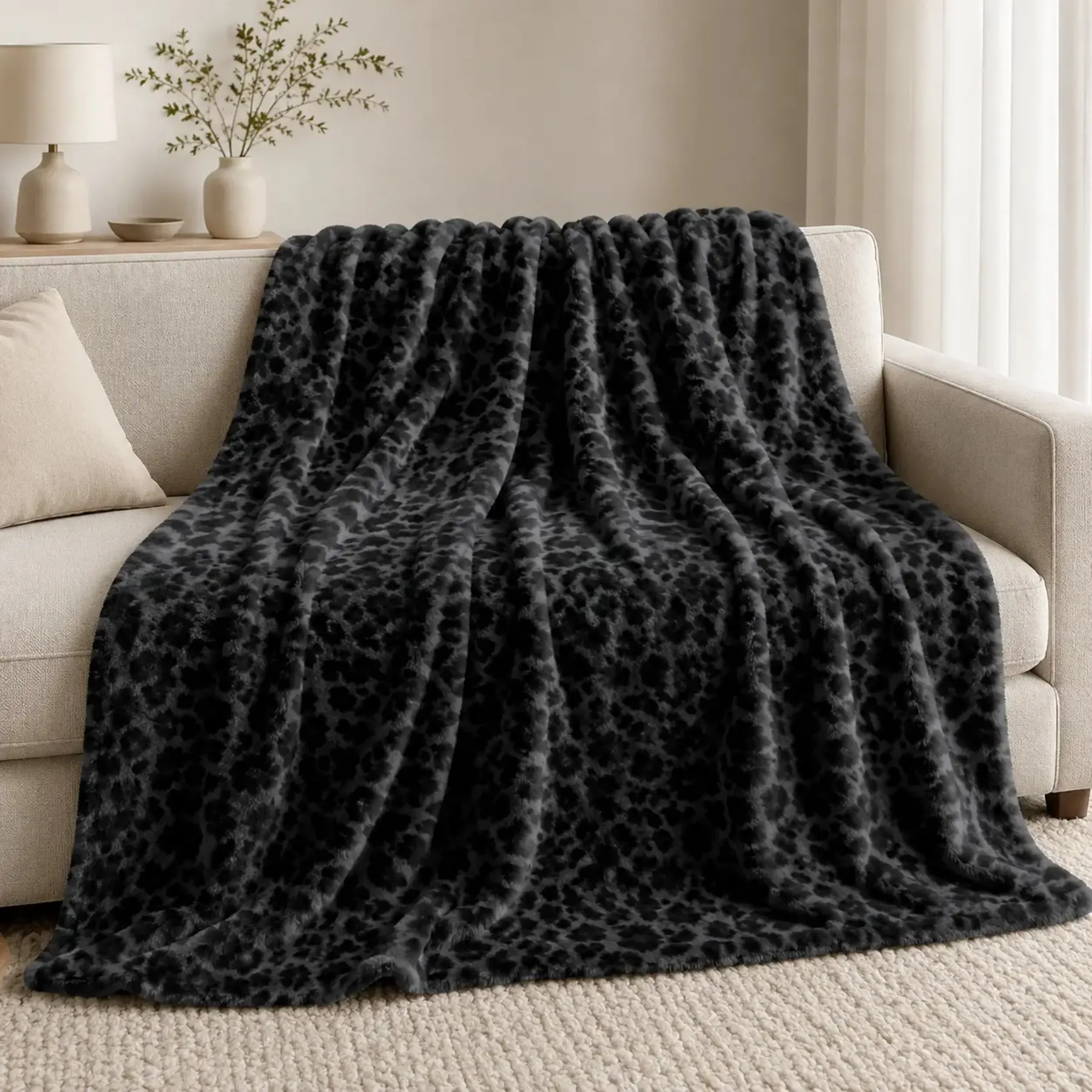 Dark Grey Leopard Print Flannel Fleece Throw Blanket, Soft Fuzzy Black Animal Pattern Plush Blanket, Lightweight Cozy Warm Blanket, Modern Luxury Aesthetic Home Sofa Bed Decor, Ideal Gift for Women Men Leopard Lovers, All Season Blanket