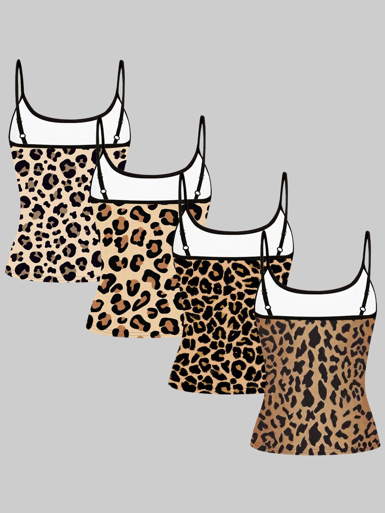 Classic Leopard Print Strappy Top, Summer Home Sleepwear Outerwear, Unique Slim-Fit Shirt Set of Four Pieces, Casual Style