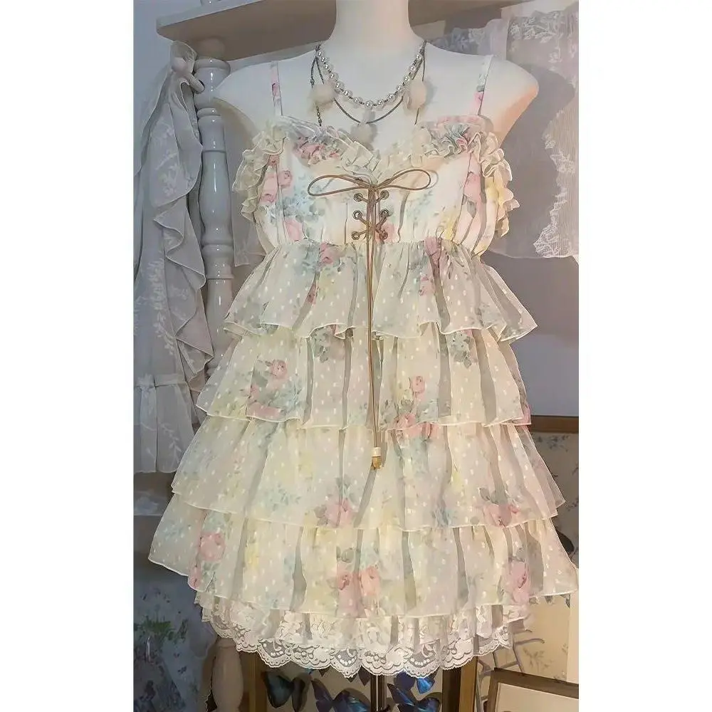 Y2k Sweet Lolita Floral Mini Dress Outfits Women Japanese Vintage Ruffle Dress High Waist Kawaii Cute Casual Dress Chic